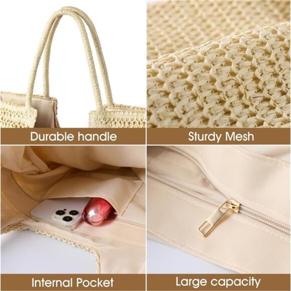 Summer Woven Tote Bag Shoulder Handbags, Light Beige - Picture 5 of 7